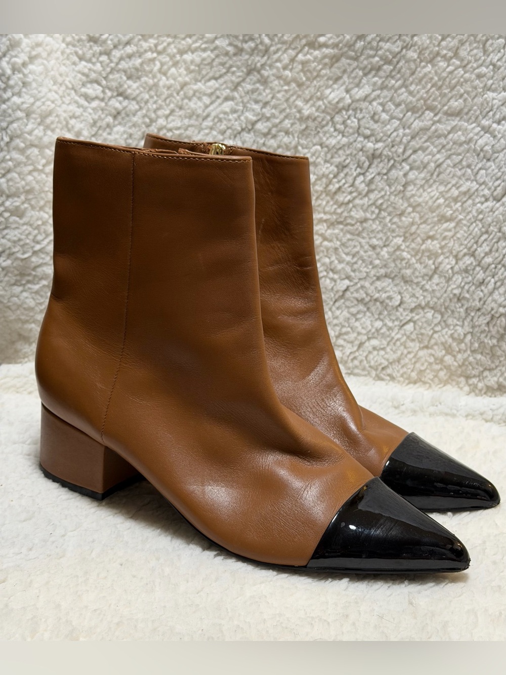 Marc Fisher Gismona Dress Tan Leather Boots/Blk Patent Black Toe Women’s Size 8M
